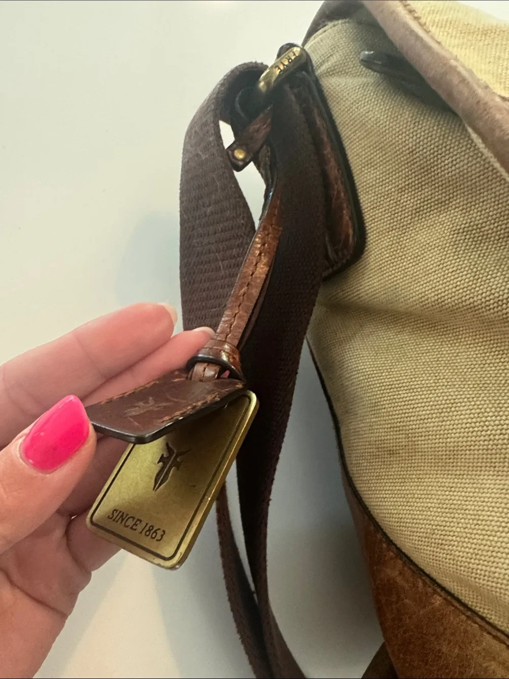Frye Tan Canvas and Brown Leather Messenger Bag